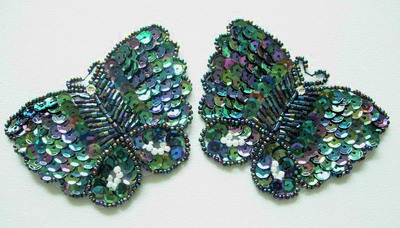 AN39 Sequin Bead Bugle Applique Butterfly Motif Black Iris 2pcs - Click Image to Close