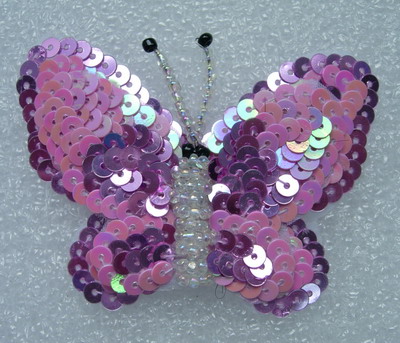 AN89 3Tone Layered Butterfly Sequin Bead Applique Motif Pink - Click Image to Close