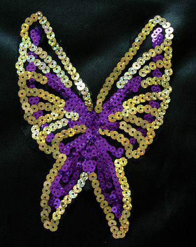 Dress Model Butterfly on Butterfly Hologram Sequin Venise Applique 2pcs Purple Gold Butterfly