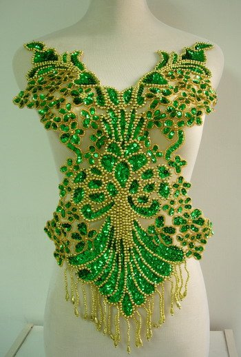 BD08-2 Pretty Bodice Sequin Bead Applique Fringe Green - Click Image to Close