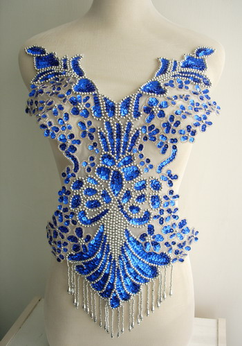 BD08-4 Pretty Bodice Sequin Bead Applique Fringe Royal Blue