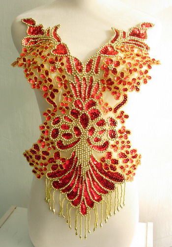 BD08-6 Pretty Bodice Sequin Bead Applique Fringe Red