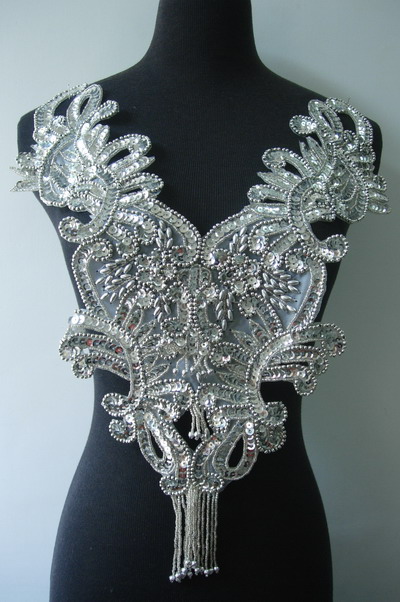 BD09 Bodice Sequin Bead Applique Fringe Silver Floral Motif