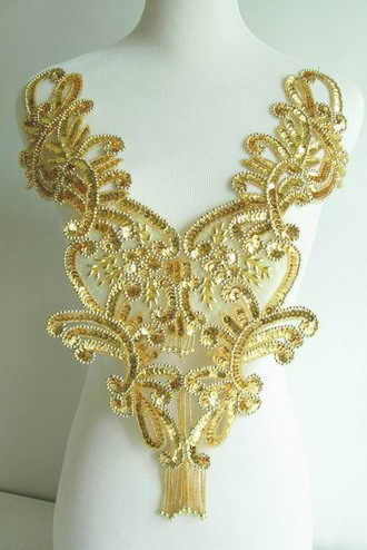 BD10 Bodice Sequin Bead Applique Fringe Gold Floral Motif