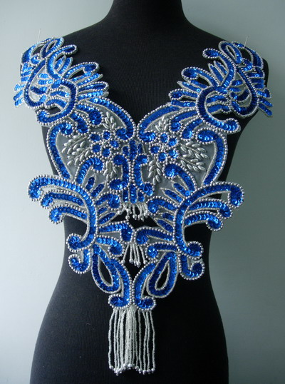 BD13-3 Floral Fringed Bodice Sequin Beaded Applique Blue