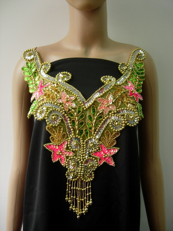 BD14-2 Sequin Beaded Applique w/ Fringe Floral Bodice Multicolor - Click Image to Close