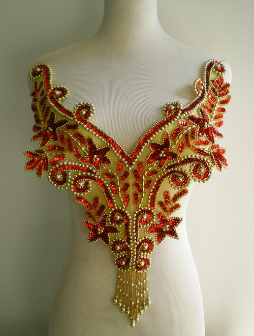 BD17-2 Sequin Bead Applique w/ Fringe Floral Bodice Red