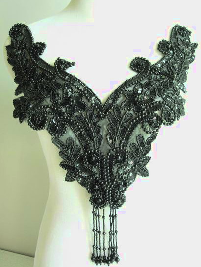 BD19 Sequin Bead Applique w/ Fringe Floral Bodice Black