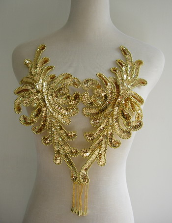 BD42 Fringed Bodice Sequin Bead Applique Gold Belly Dance