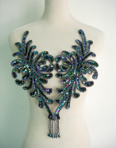 BD47-2 Fringed Bodice Sequin Bead Applique Black Iris Dancewear