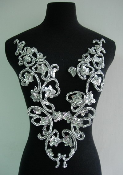 BD54 Curl Floral Sequin Bead Applique Bodice Silver BD54 Curl Floral Sequin Bead Applique Bodice Silver