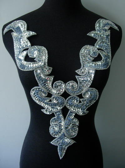 BD01 Large Silver Bodice Sequined Beaded Applique BD01 Large Silver Bodice Sequined Beaded Applique