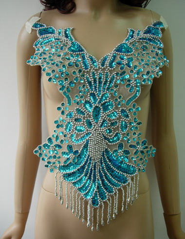 BD08-3 Pretty Bodice Sequin Bead Applique Fringe Aqua