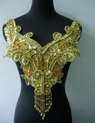 BD15 Sequin Bead Applique w/ Fringe Floral Bodice Gold - Click Image to Close