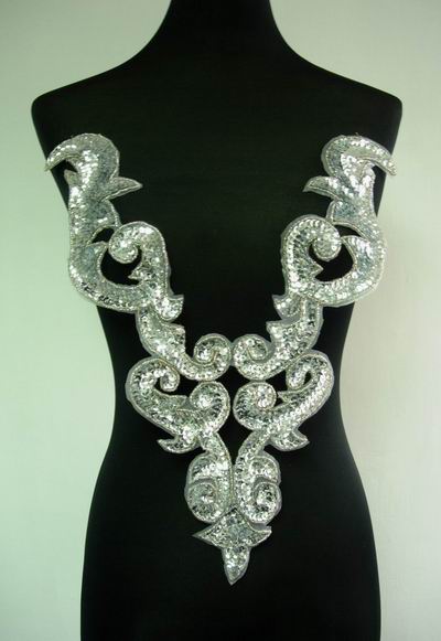 BD01 Large Silver Bodice Sequined Beaded Applique BD01 Large Silver Bodice Sequined Beaded Applique