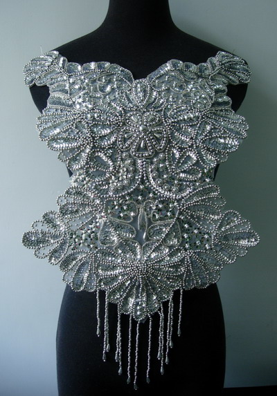 BD56 Elegant Bodice Sequin Beaded Applique Silver Unique - Click Image to Close