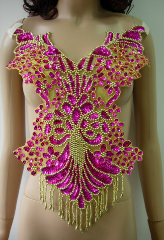 BD06 Pretty Bodice Sequin Bead Applique Fringe Fuchsia