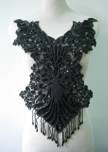 BD07 Pretty Bodice Fringed Sequin Bead Applique Black