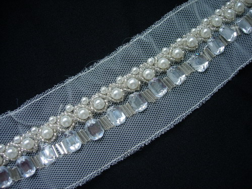 BN112 7/8" Gemstone Pearl Bead Bugle Beaded Trim Banding 1Yard