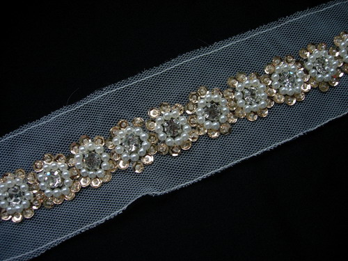 BN113 7/8" Diamante Pearl Bead Sequin Beaded Trim Banding 1Yard