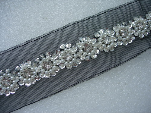 BN114 7/8" Diamante Pearl Bead Sequin Beaded Trim Banding 1Yard