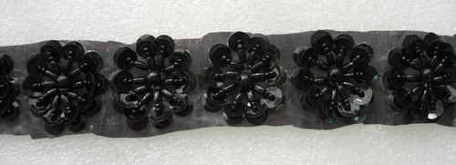 BN20-8 Black Flowers Sequin Bead Applique Banding 10pcs