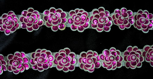 BN21 Fuchsia White Flower Sequin Bead Applique Banding 20pcs