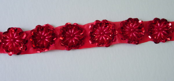 BN20-3 Red Flower Sequin Bead Applique Banding Motif 10pcs