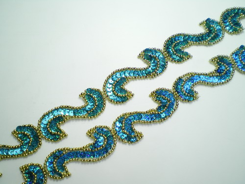 BN69-4 39" Sequin Bead Applique Banding "S" Hologram Aqua