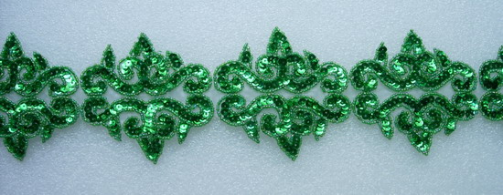 BN89-4 Green Mirror Fluer De Lis Sequin Bead Motif Banding 39"