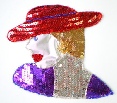 CT27 Red Hat Lady Sequins Beads Applique Large CT27 Red Hat Lady Sequins Beads Applique Large