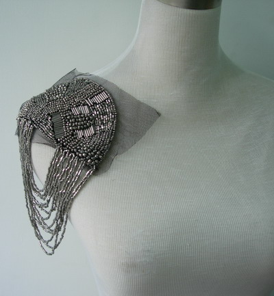 EP54 Punk Rock Fringed Bugle Beaded Epaulet Shoulder Dark Silver - Click Image to Close