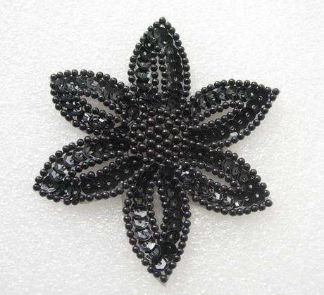 FW199-9 Black Petal Flower Sequin Beaded Applique 2pcs