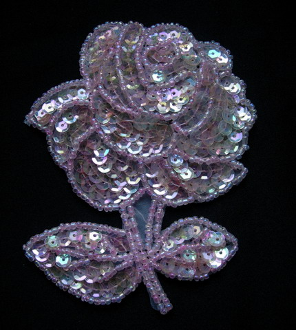 FW34 Floral Rose Sequined Beaded Applique Crystal Pink