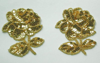 FW31 Rose Flower Floral Sequin Beaded Applique Gold 2pcs