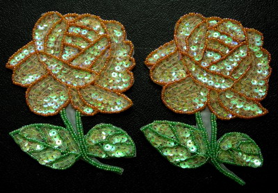 FW105 Sequin Bead Applique Orange Rose Motif 2pcs Sew Trimming - Click Image to Close