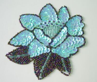 FW106-2 Sequin Bead Applique Peony Flower Motif Blue Sew/Trim