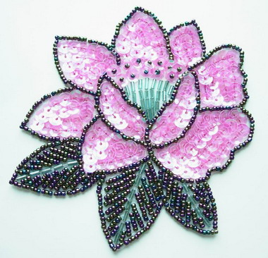 FW106 Sequin Bead Applique Peony Flower Motif Pink Sew Trimming - Click Image to Close