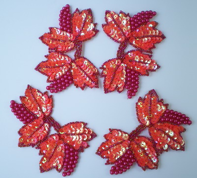 FW116 Grape Floral Vines Sequin Beaded Applique Coral Red x4