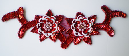 FW118 Sequin Bead Applique Diamante Flower Red Motif