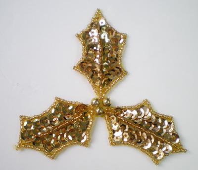 FW124 Sequin Bead Applique Christmas Leaf Gold Motif 2pcs - Click Image to Close