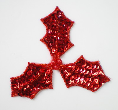 FW126 Sequin Bead Applique Christmas Leaf Red Motif 2pcs