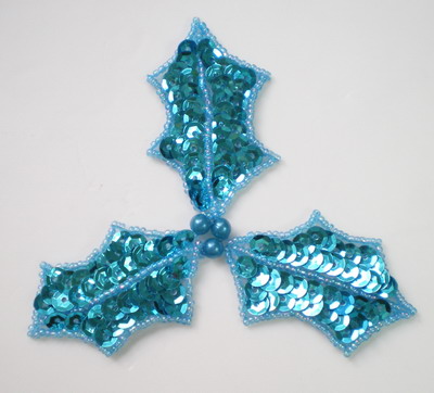 FW128 Sequin Bead Applique Christmas Leaf Aqua Motif 2pcs