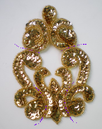 FW131 Sequin Bead Applique Fleur De Lis Curly Gold Motif