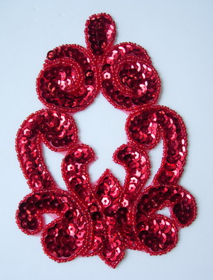 FW132-3 Sequin Bead Applique Fleur De Lis Curly Motif Red
