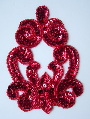 FW132-3 Sequin Bead Applique Fleur De Lis Curly Motif Red - Click Image to Close