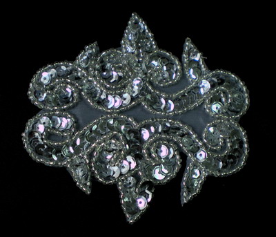 FW133-2 Sequin Bead Applique Fleur De Lis Flower Silver Motif