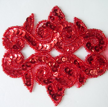 FW133-3 Sequin Bead Applique Motif Fleur De Lis Flower Red