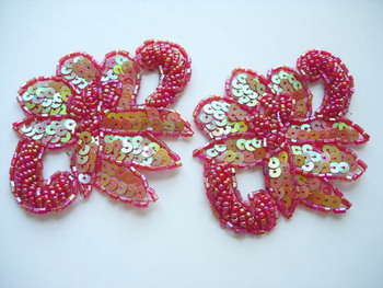 FW142 Flower Bugle Bead Sequin Applique Red Iris x2