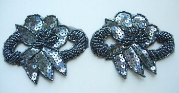 FW143 Flower Bugle Bead Sequin Applique Grey x2